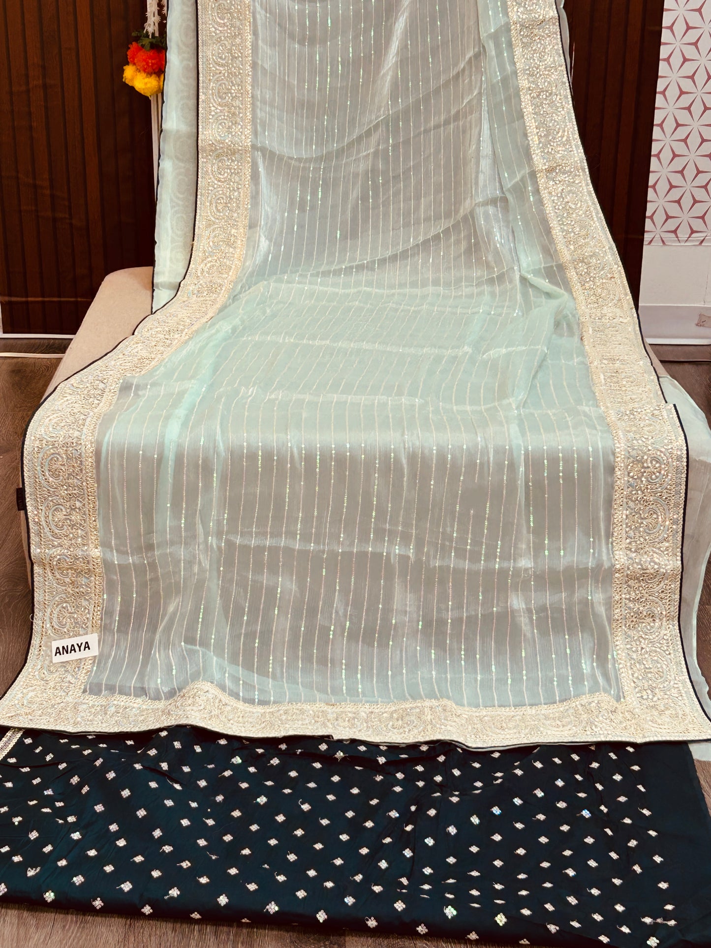 Tissue silk saree with contrast blouse piece