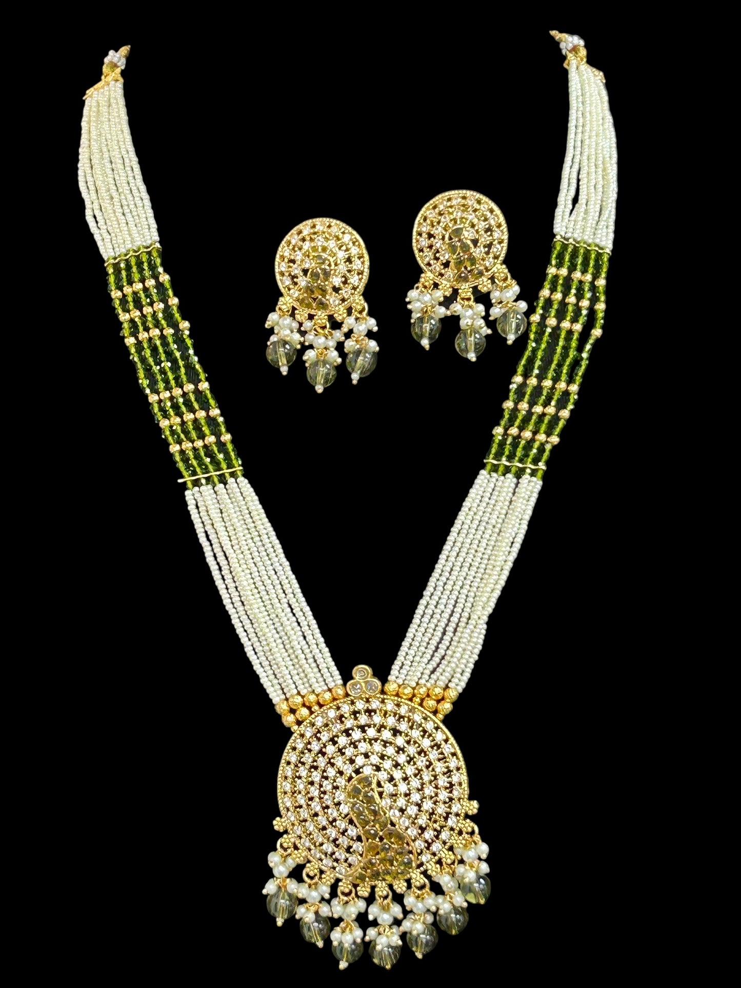 Mehandi color Pearl necklace with peacock pendant