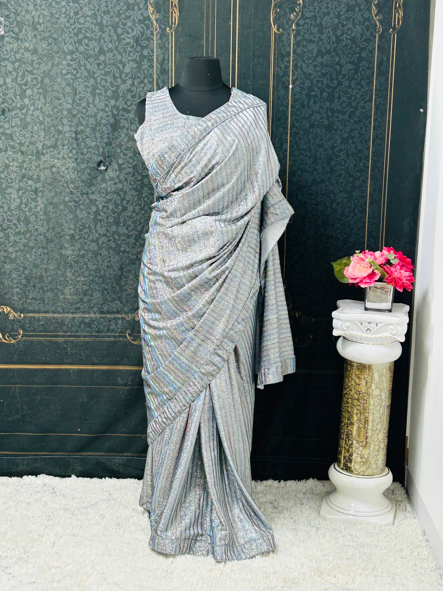 Silver shimmer saree with readymade blouse