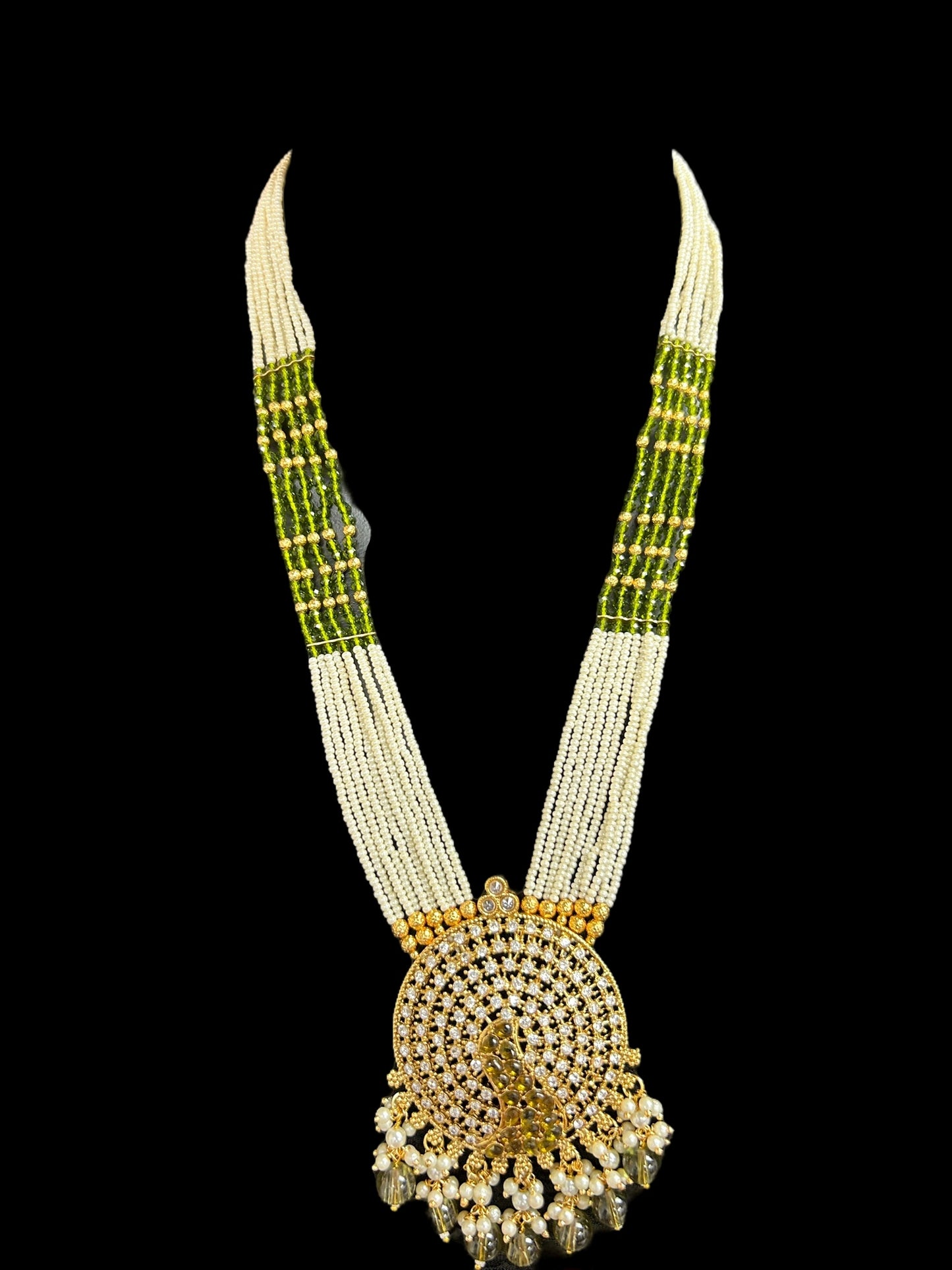 Mehandi color Pearl necklace with peacock pendant