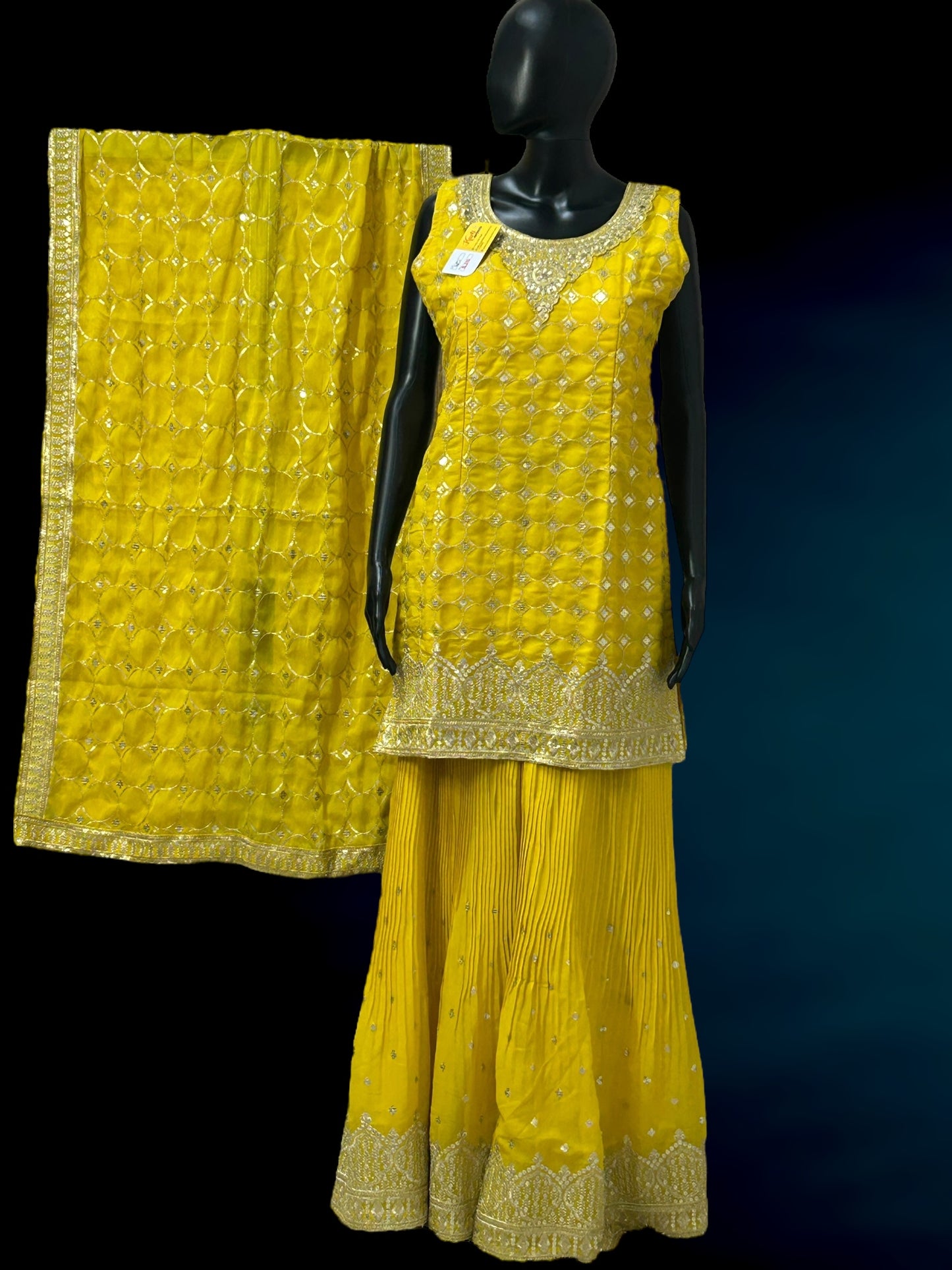 Yellow chiffon sharara suit