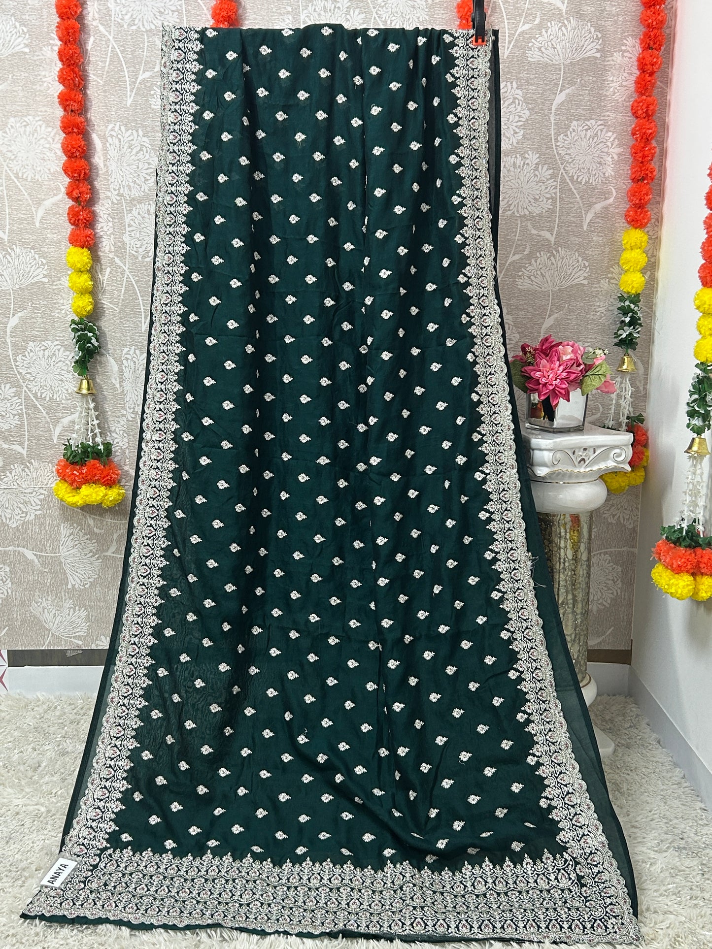 Chinon silk saree with heavy stone work