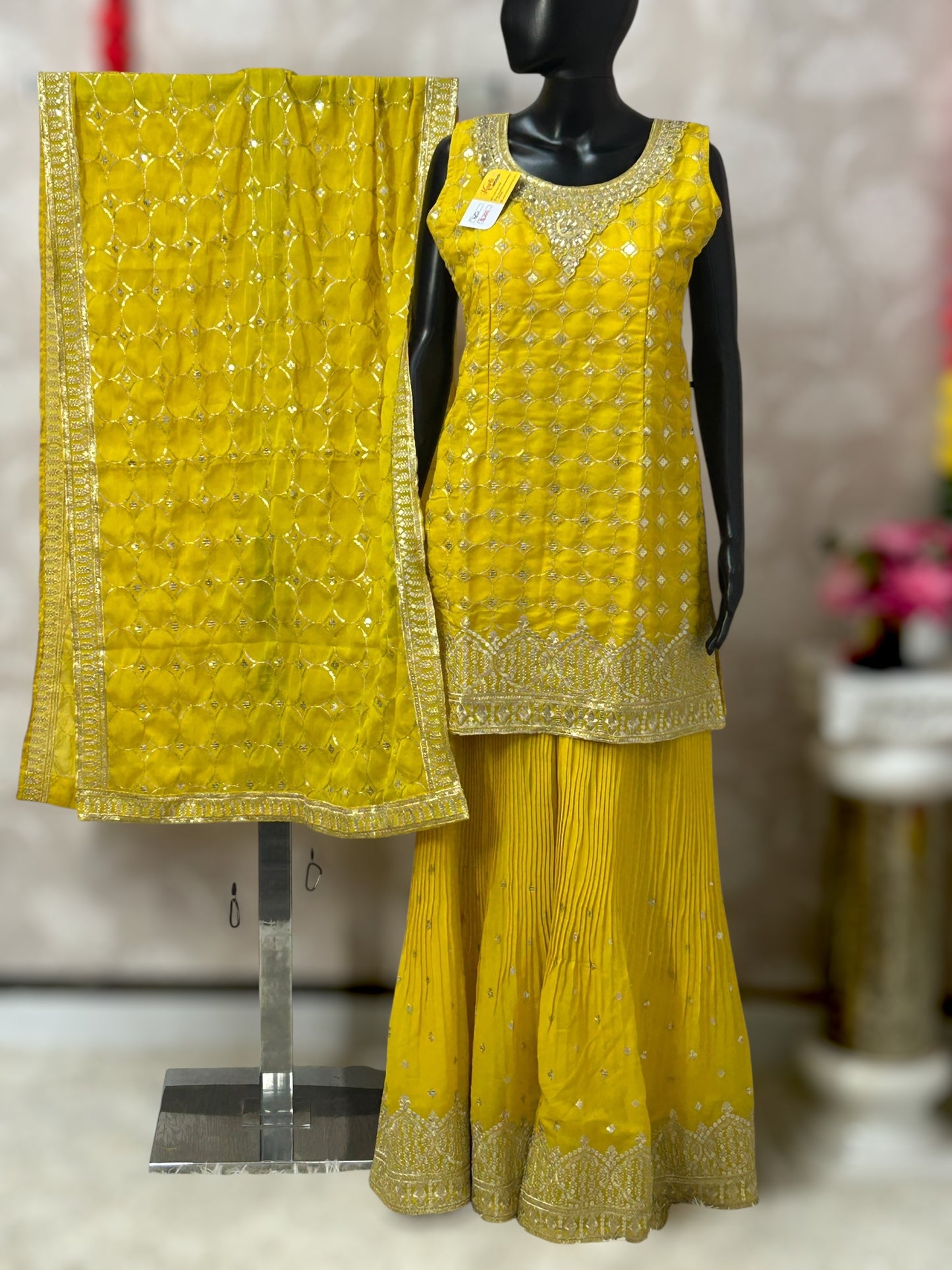 Yellow chiffon sharara suit