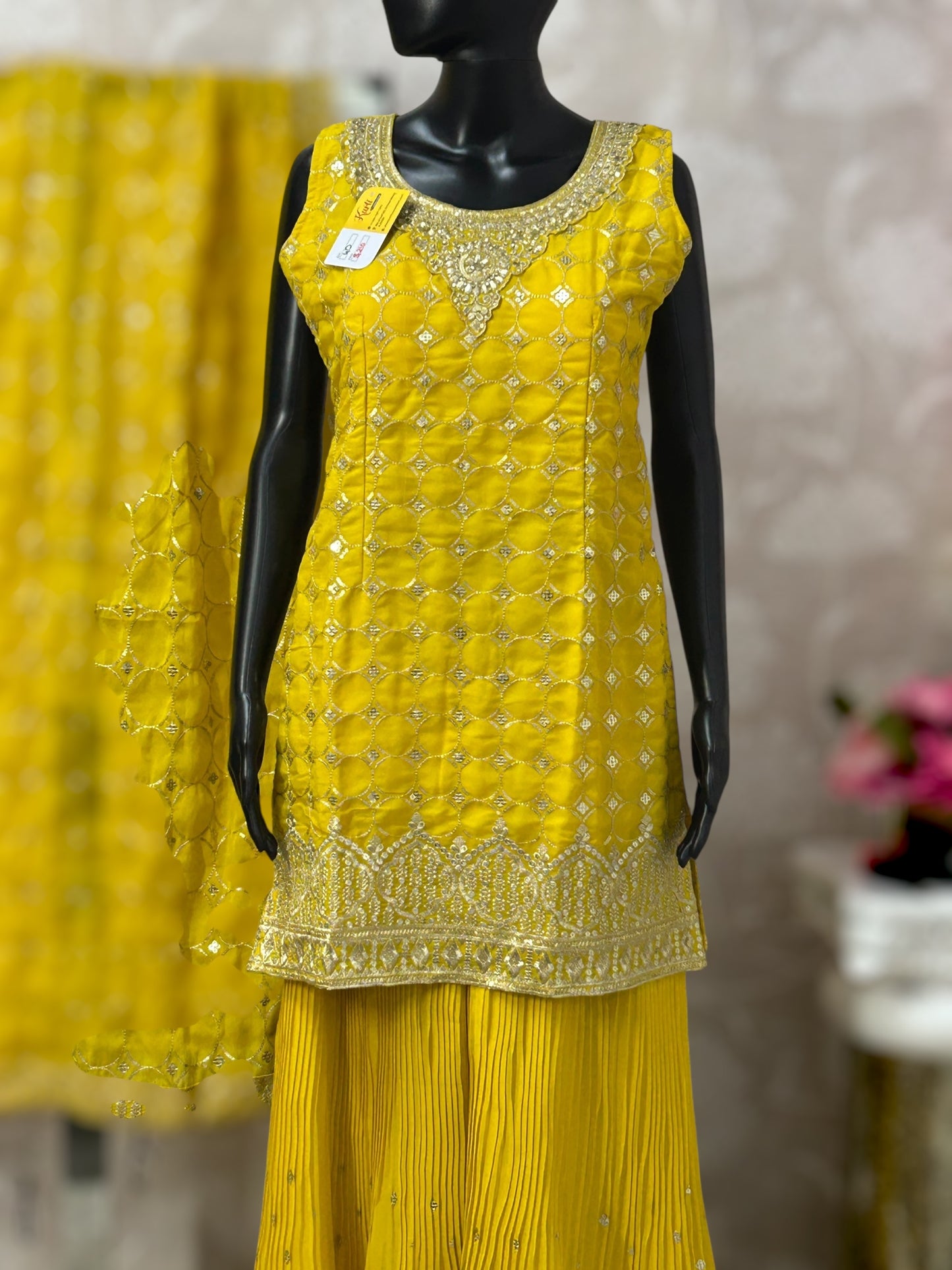Yellow chiffon sharara suit