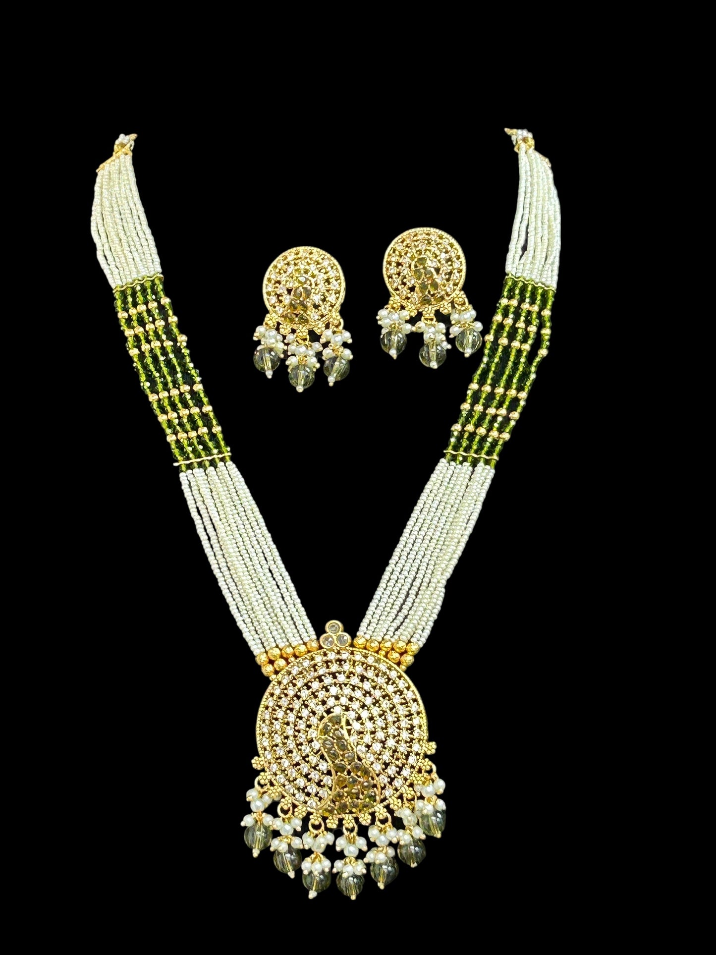 Mehandi color Pearl necklace with peacock pendant