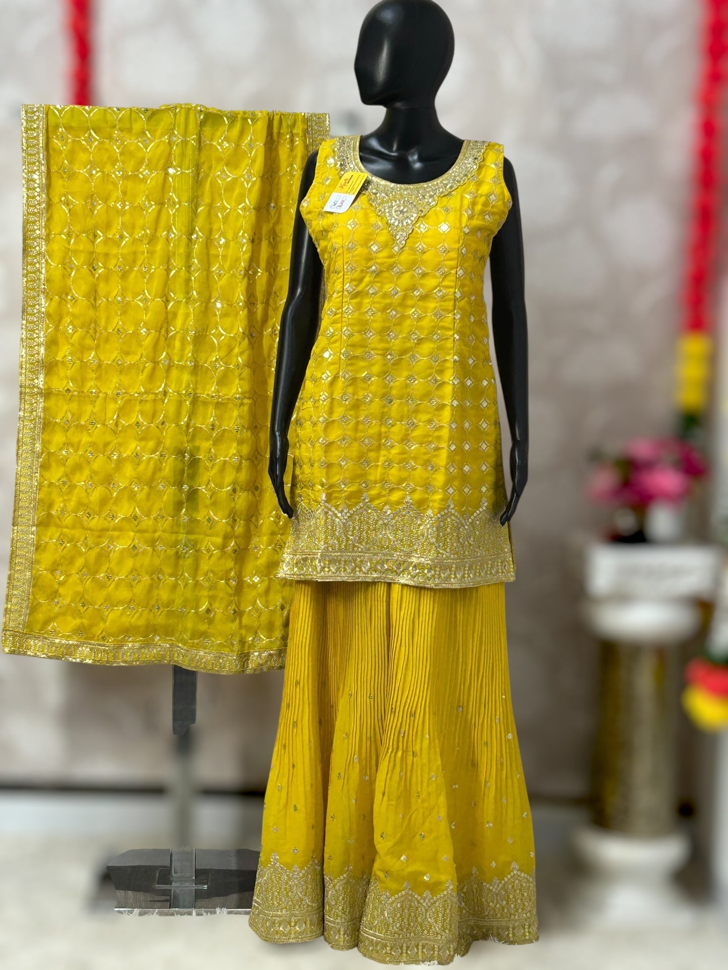 Yellow chiffon sharara suit