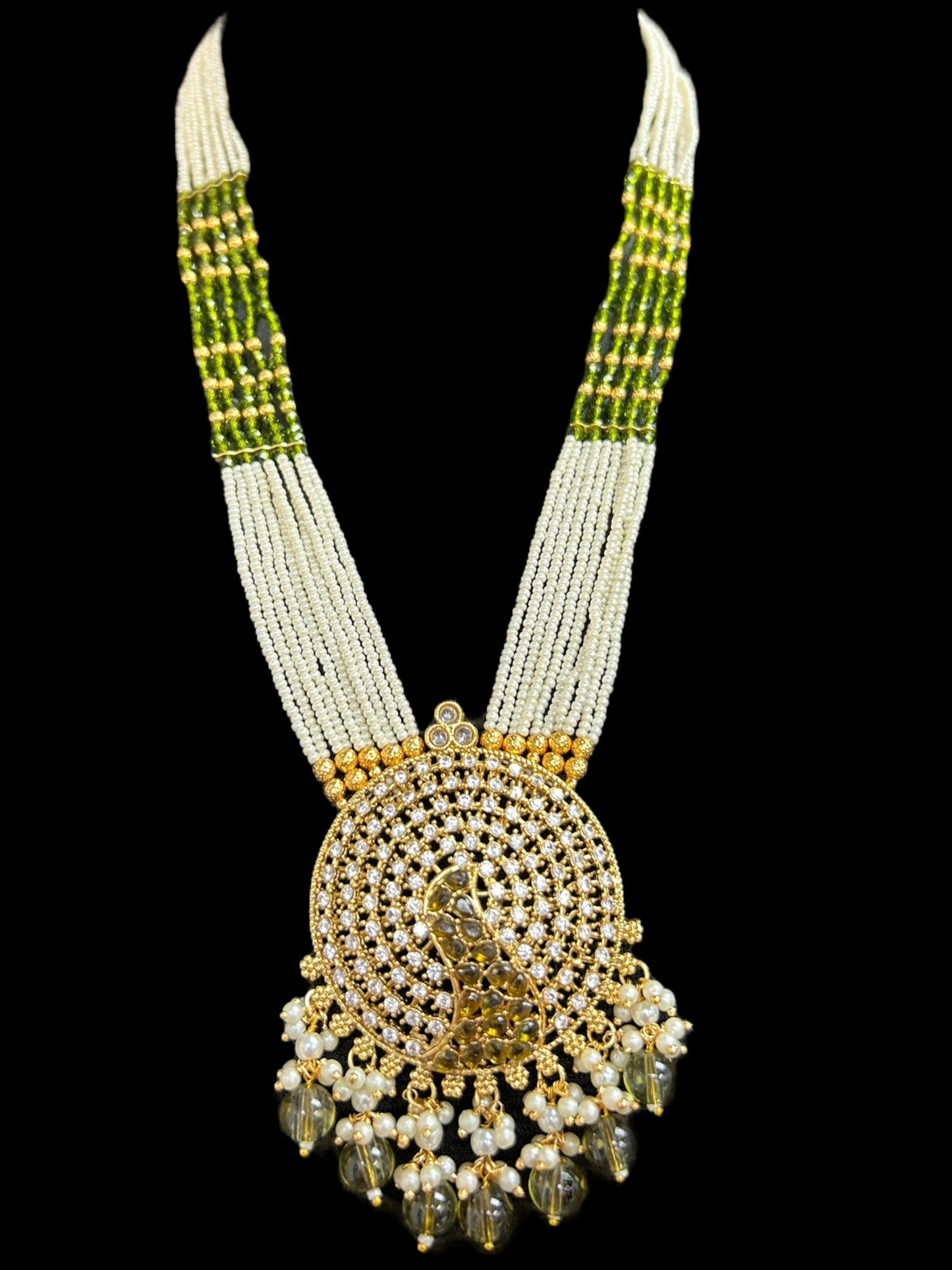 Mehandi color Pearl necklace with peacock pendant