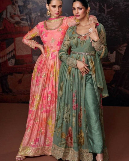 Chiffon Long Kurti set | Long gown - Kurti Connection USA