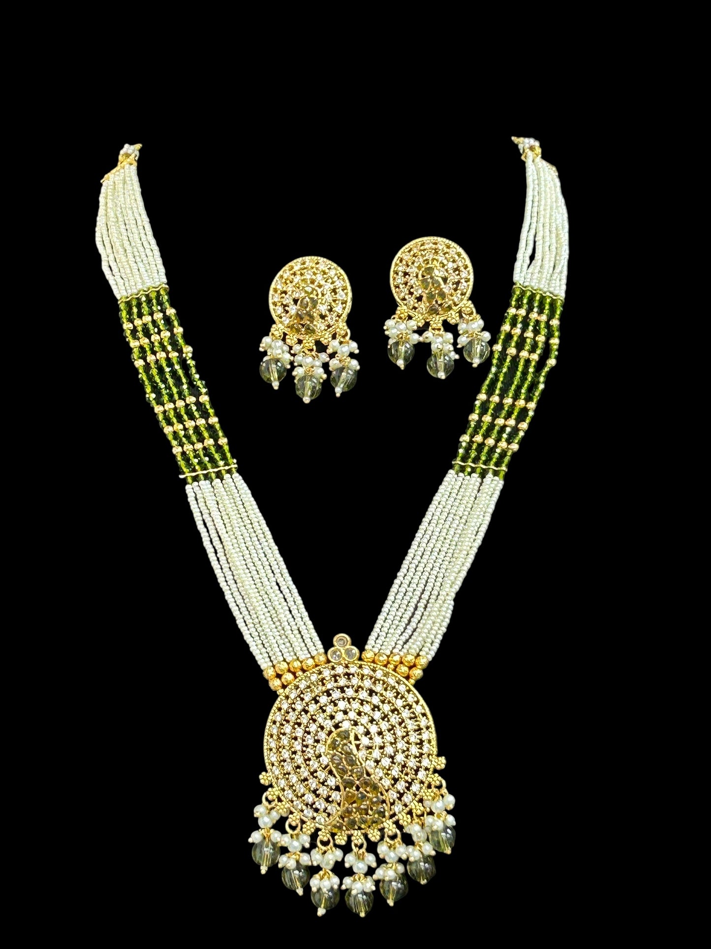 Mehandi color Pearl necklace with peacock pendant