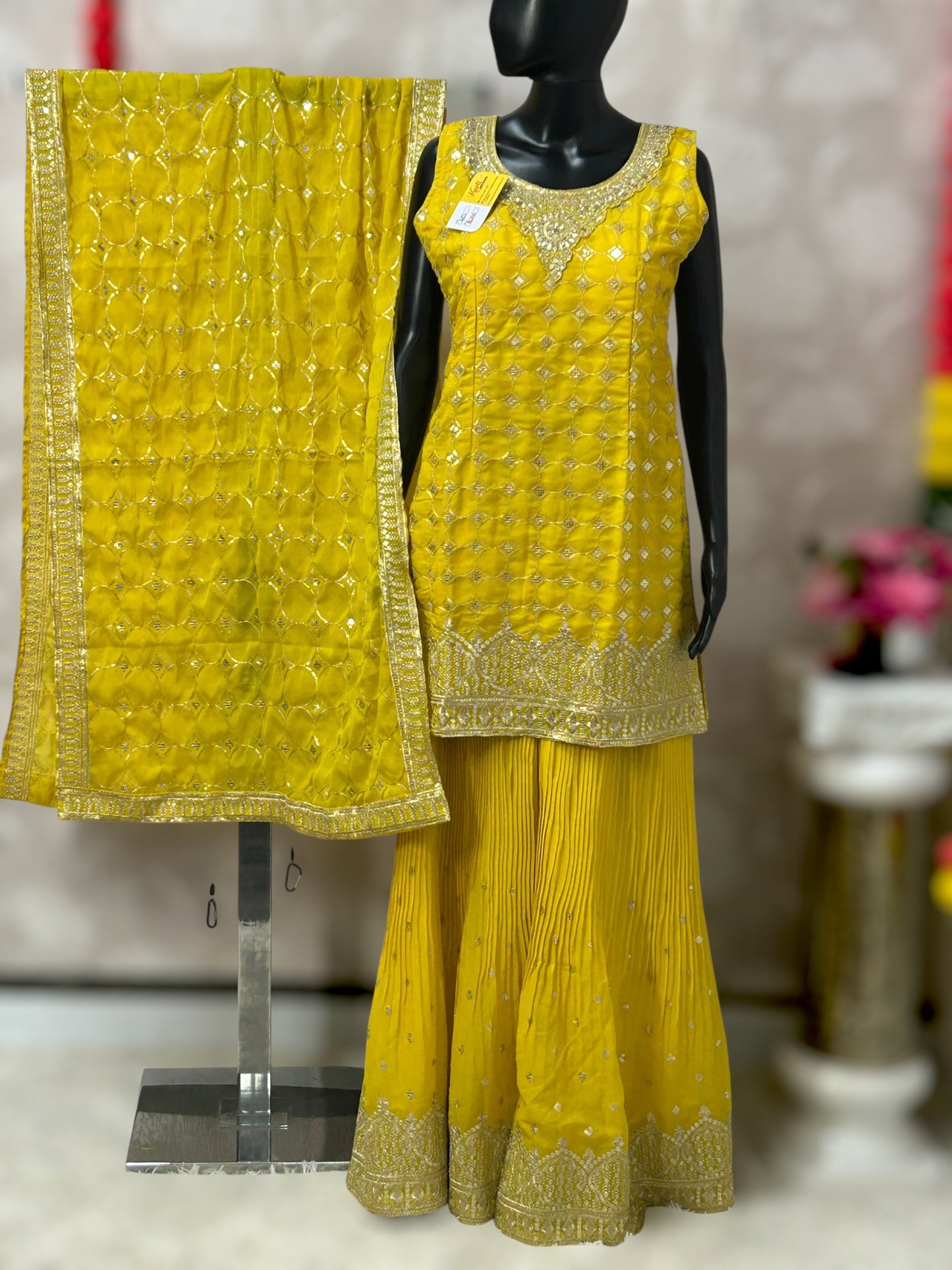 Yellow chiffon sharara suit