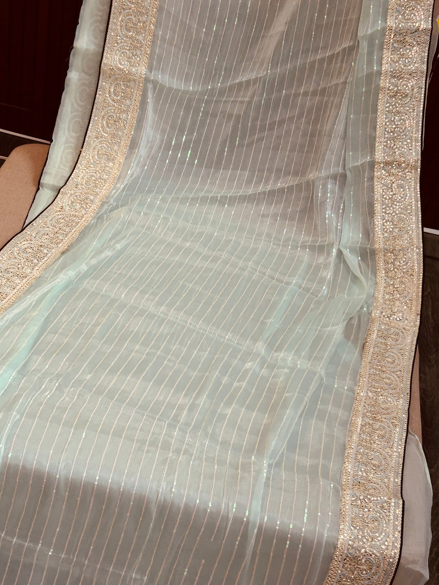 Tissue silk saree with contrast blouse piece