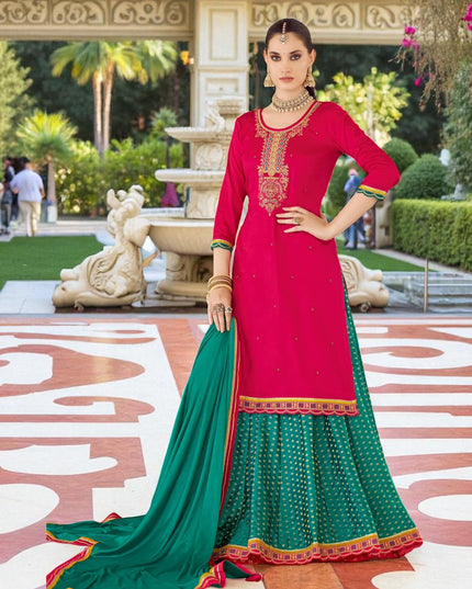 Dark pink : Modal silk Kurti with banarasi skirt