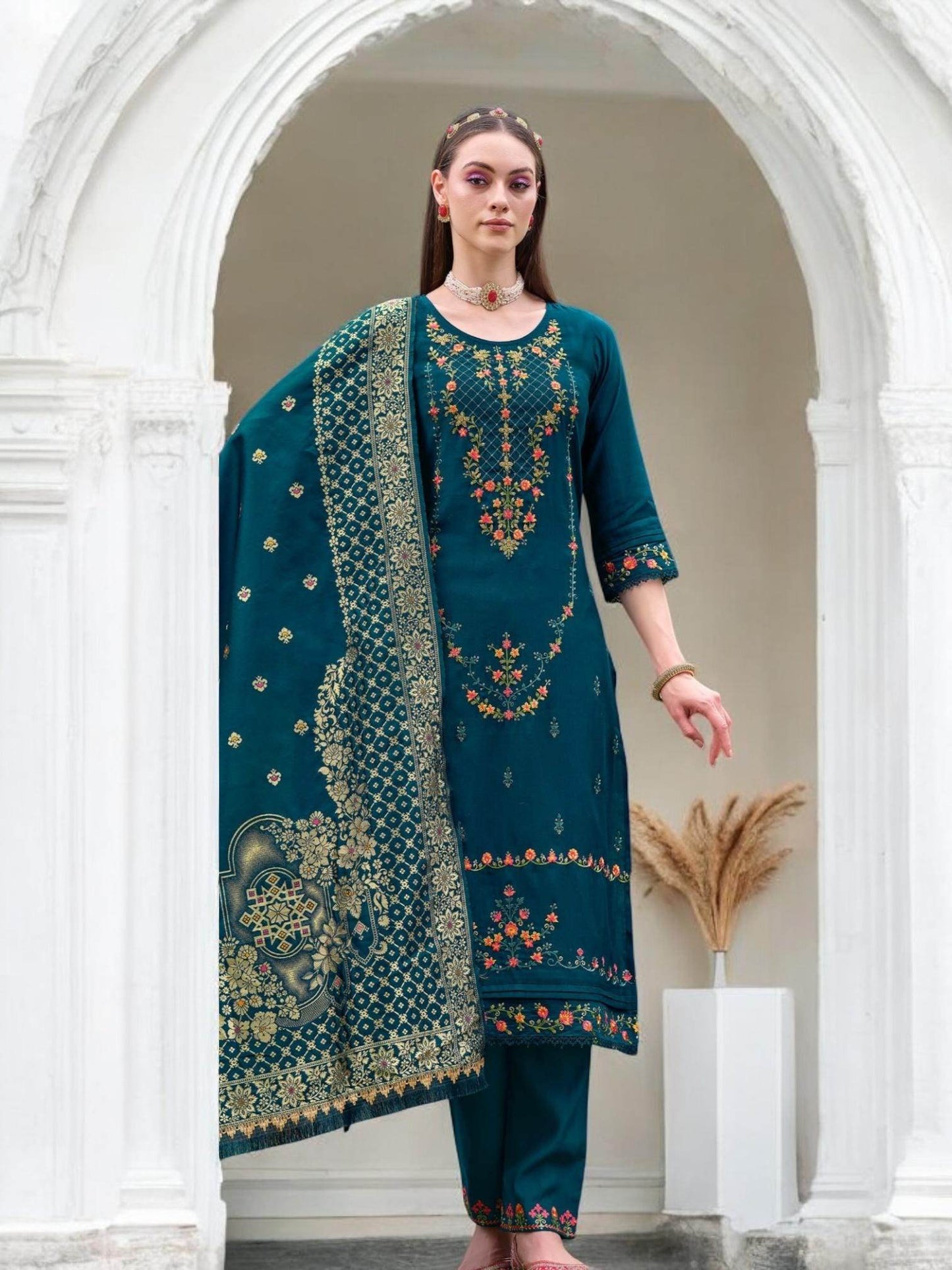 Linen silk Kurti set with banarasi dupatta - Kurti Connection USA