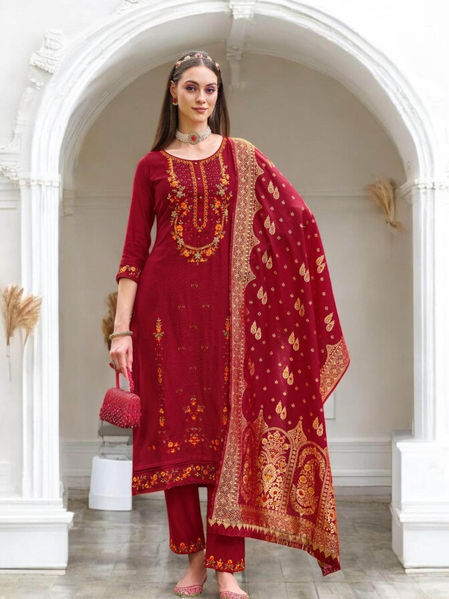 Linen silk Kurti set with banarasi dupatta - Kurti Connection USA