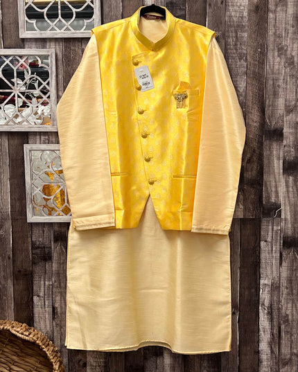 Cotton silk kurta pajaama set with jacket - Kurti Connection USA