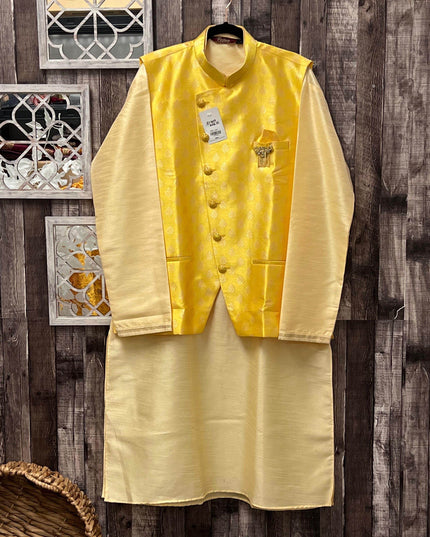 Cotton silk kurta pajaama set with jacket - Kurti Connection USA