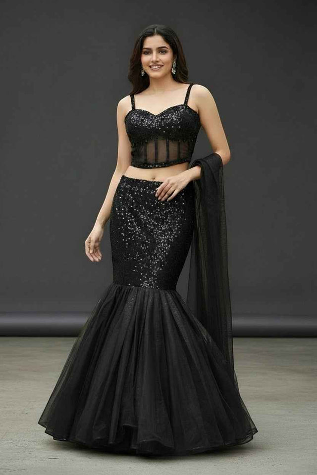 Black shimmer lehenga with corset blouse