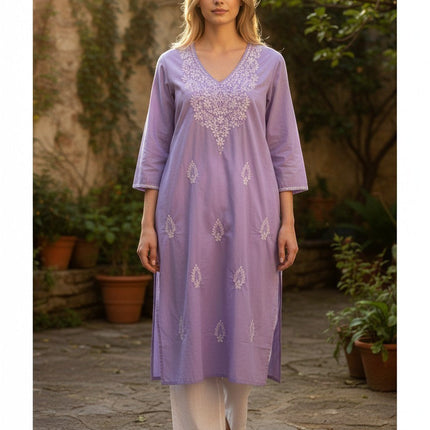 Kurti Connection USA lavender cotton tunic with white floral embroidery, V-neck, and three-quarter sleeves.