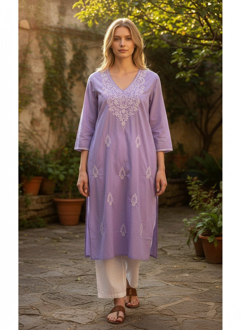 Kurti Connection USA lavender cotton tunic with white floral embroidery, V-neck, and three-quarter sleeves.