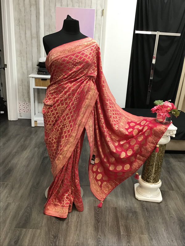 Dark pink  banarasi bandhini saree