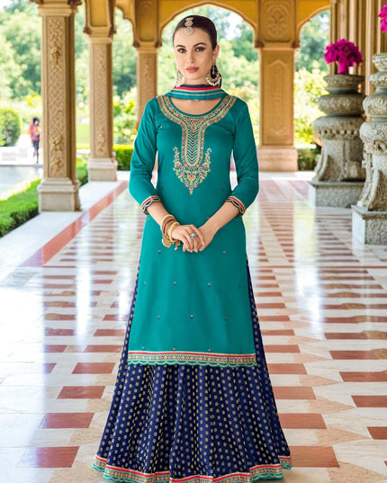 Teal blue : Modal silk Kurti with banarasi skirt