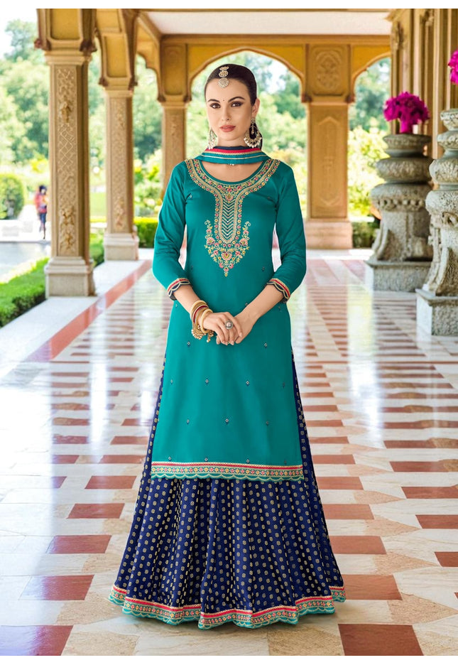 Teal blue : Modal silk Kurti with banarasi skirt