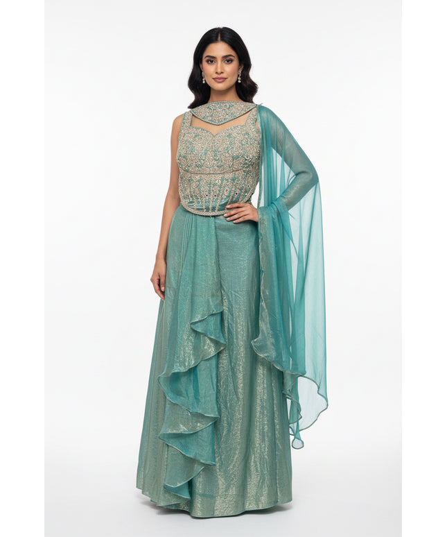 Teal : Lehenga saree : fusion readymade saree