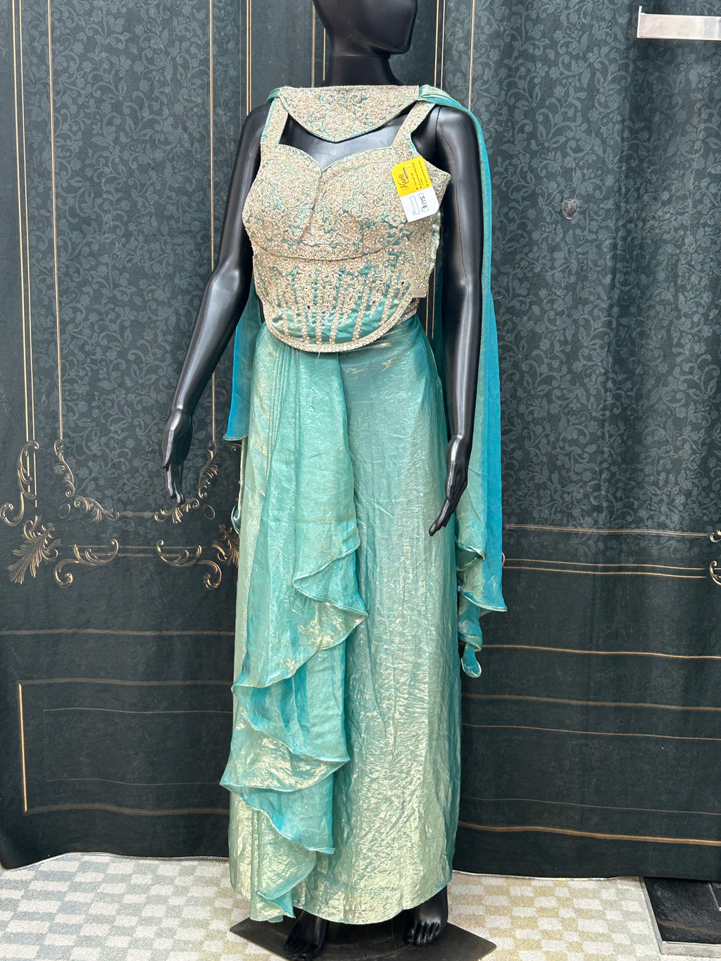 Teal : Lehenga saree : fusion readymade saree