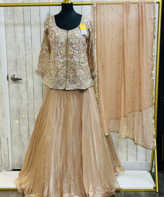 Golden lehenga Choli set with long blouse