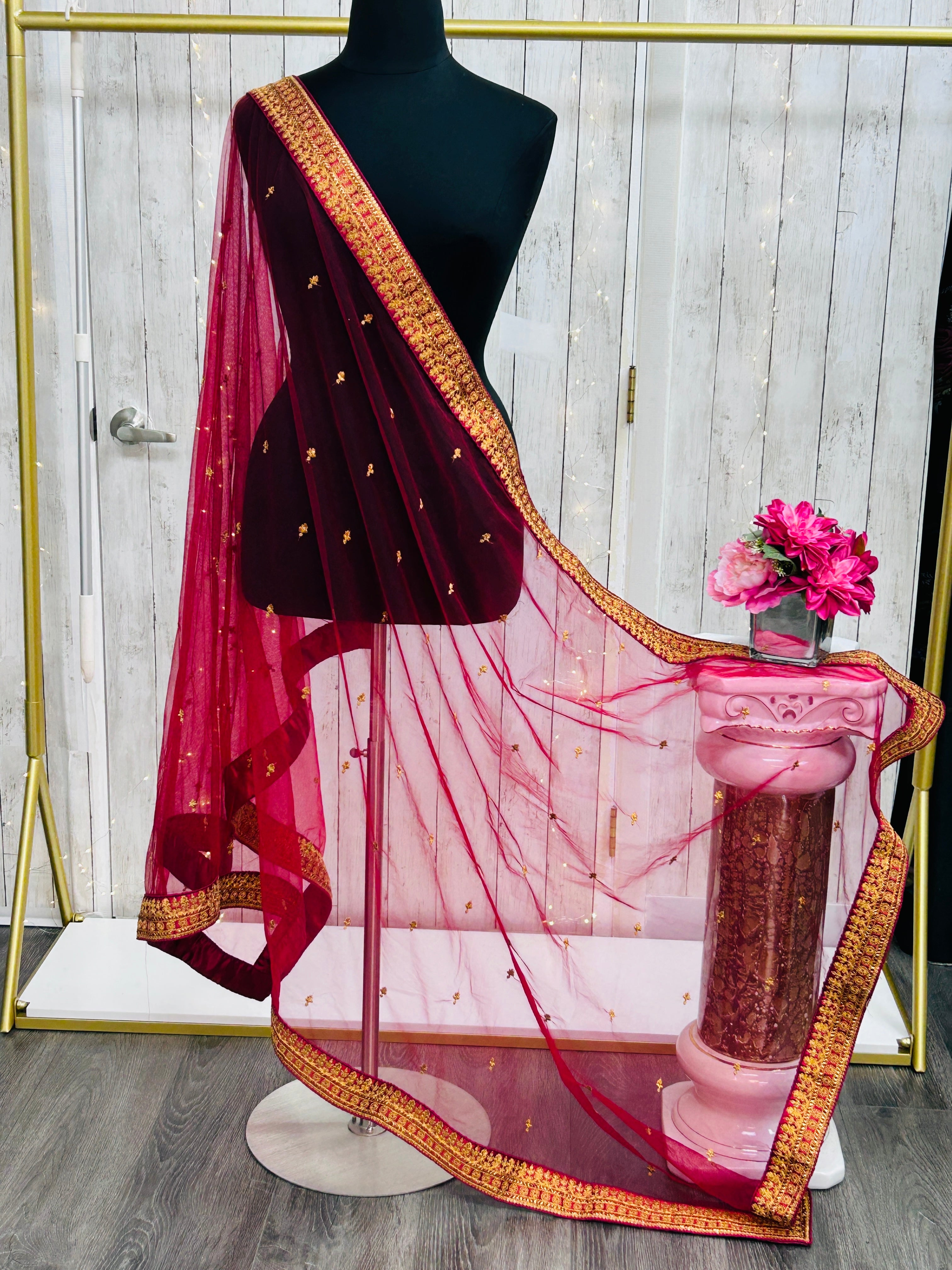 Maroon dupatta with gold border