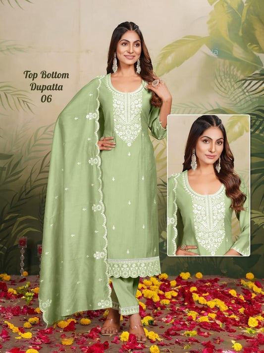 Linen silk chikankari Kurti set