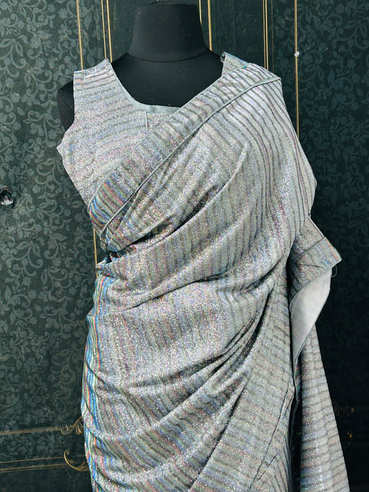 Silver shimmer saree with readymade blouse