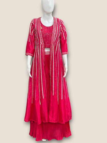 Dark pink Lehenga Choli set with long jacket