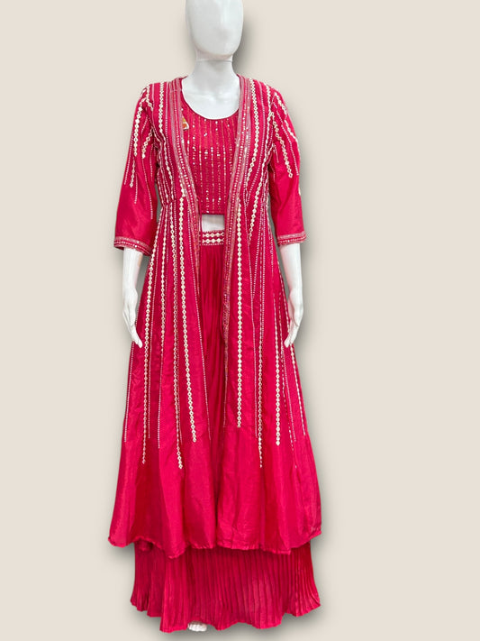 Dark pink Lehenga Choli set with long jacket