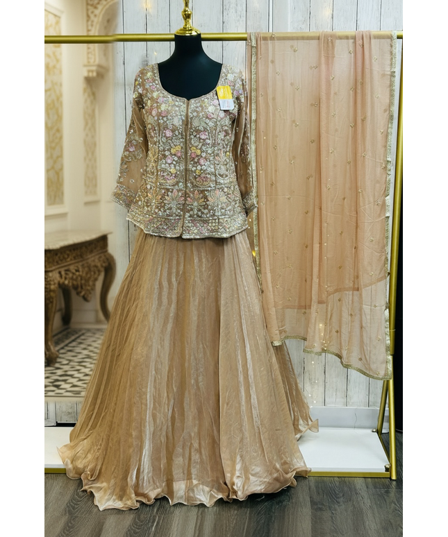 Golden lehenga Choli set with long blouse