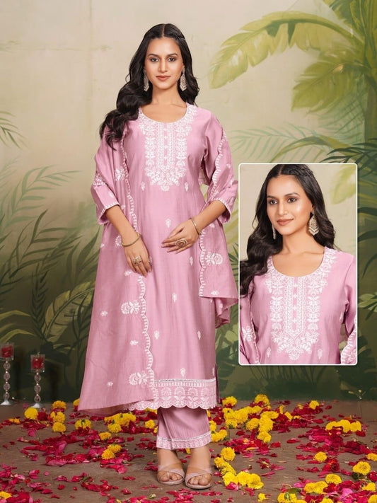 Linen silk chikankari Kurti set