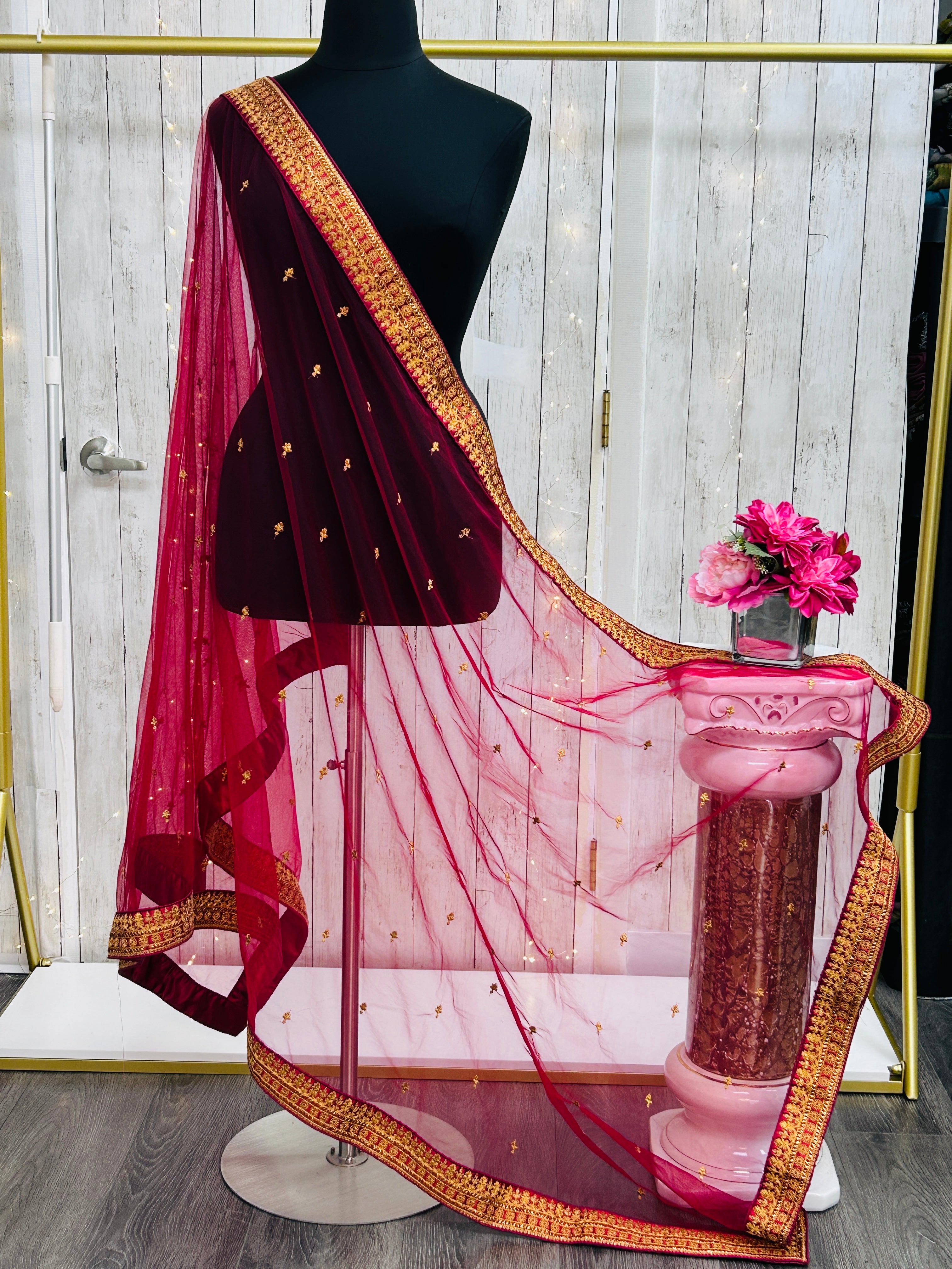 Maroon dupatta with gold border