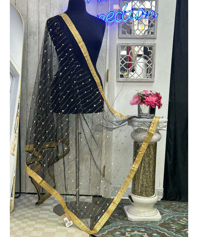 Black foil mirror work dupatta by Kurti Connection USA