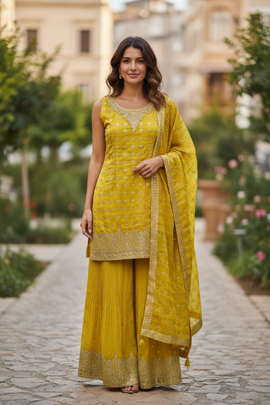 Yellow chiffon sharara suit