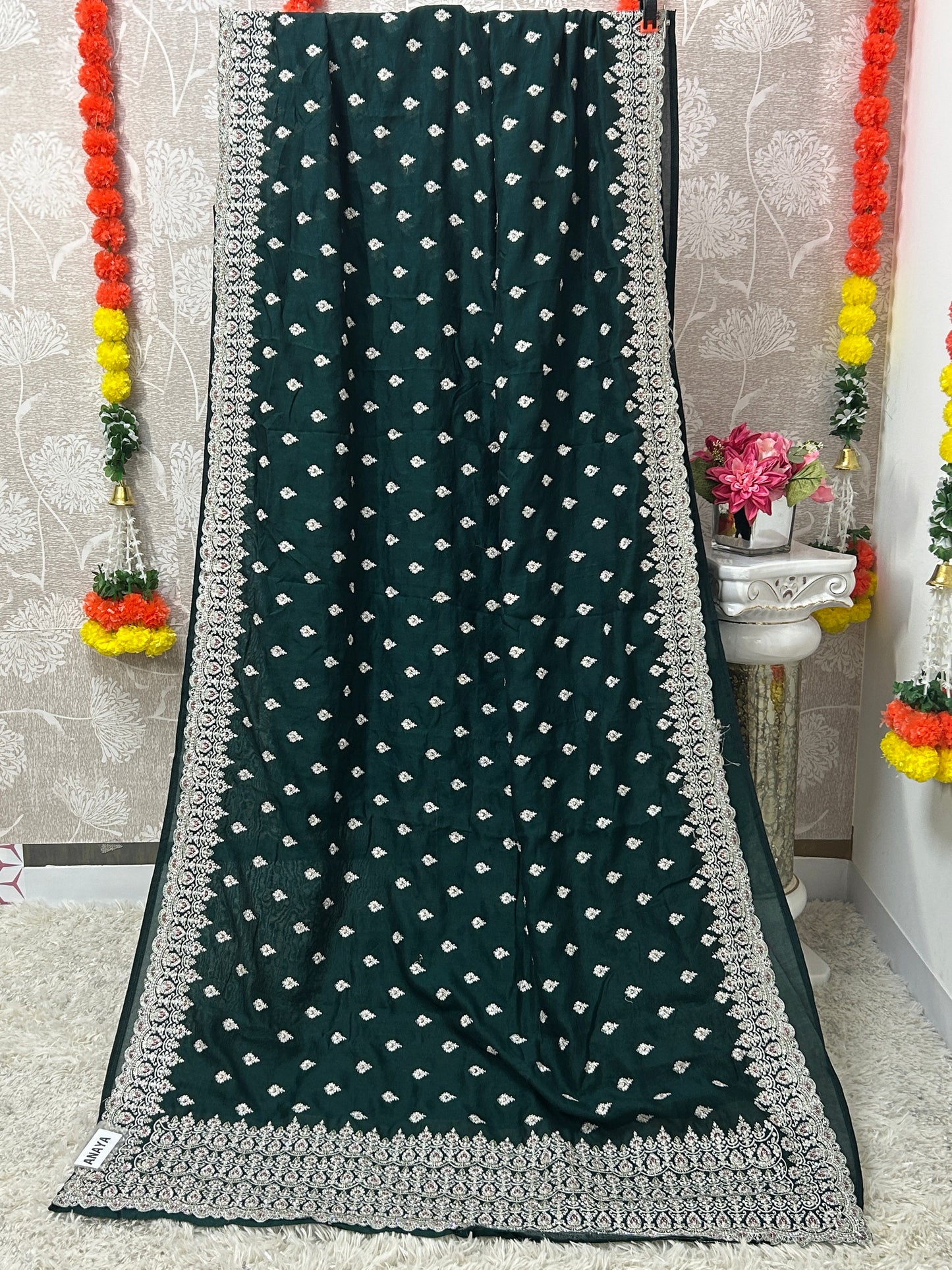 Chinon silk saree with heavy stone work