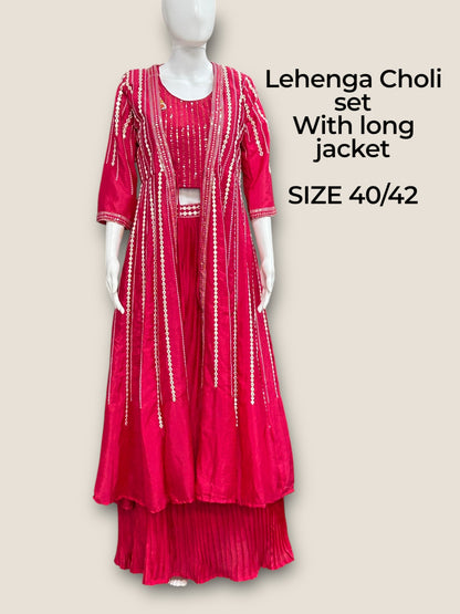 Dark pink Lehenga Choli set with long jacket