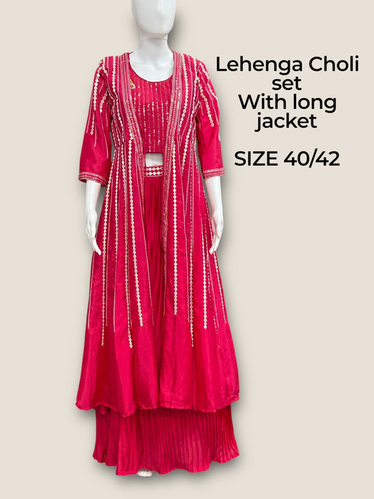 Dark pink Lehenga Choli set with long jacket