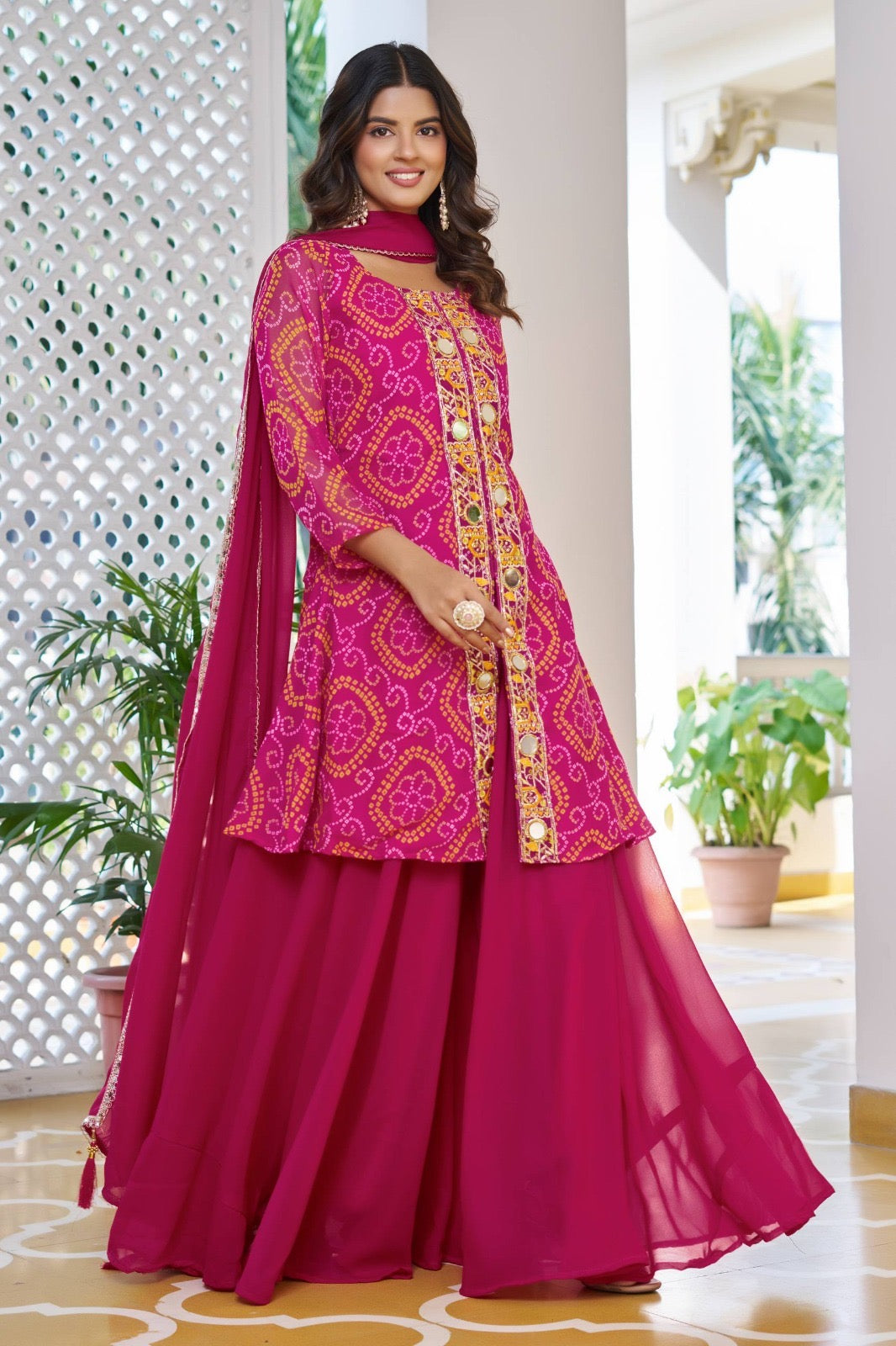 Chiffon Bandhani sharara suit by Kurti Connection USA