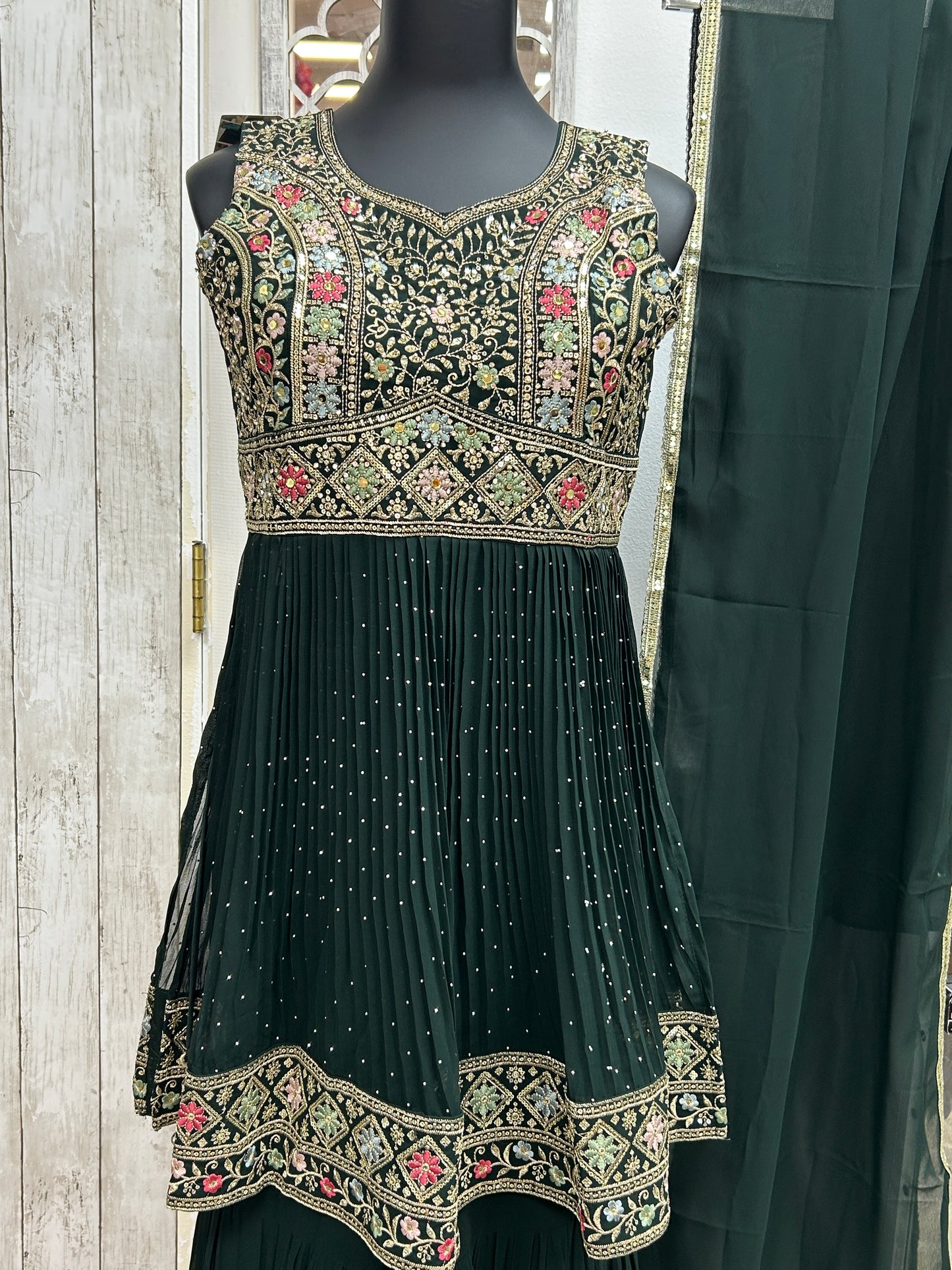 Chiffon sharara suit : dark green