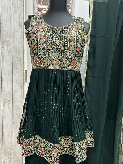 Chiffon sharara suit : dark green