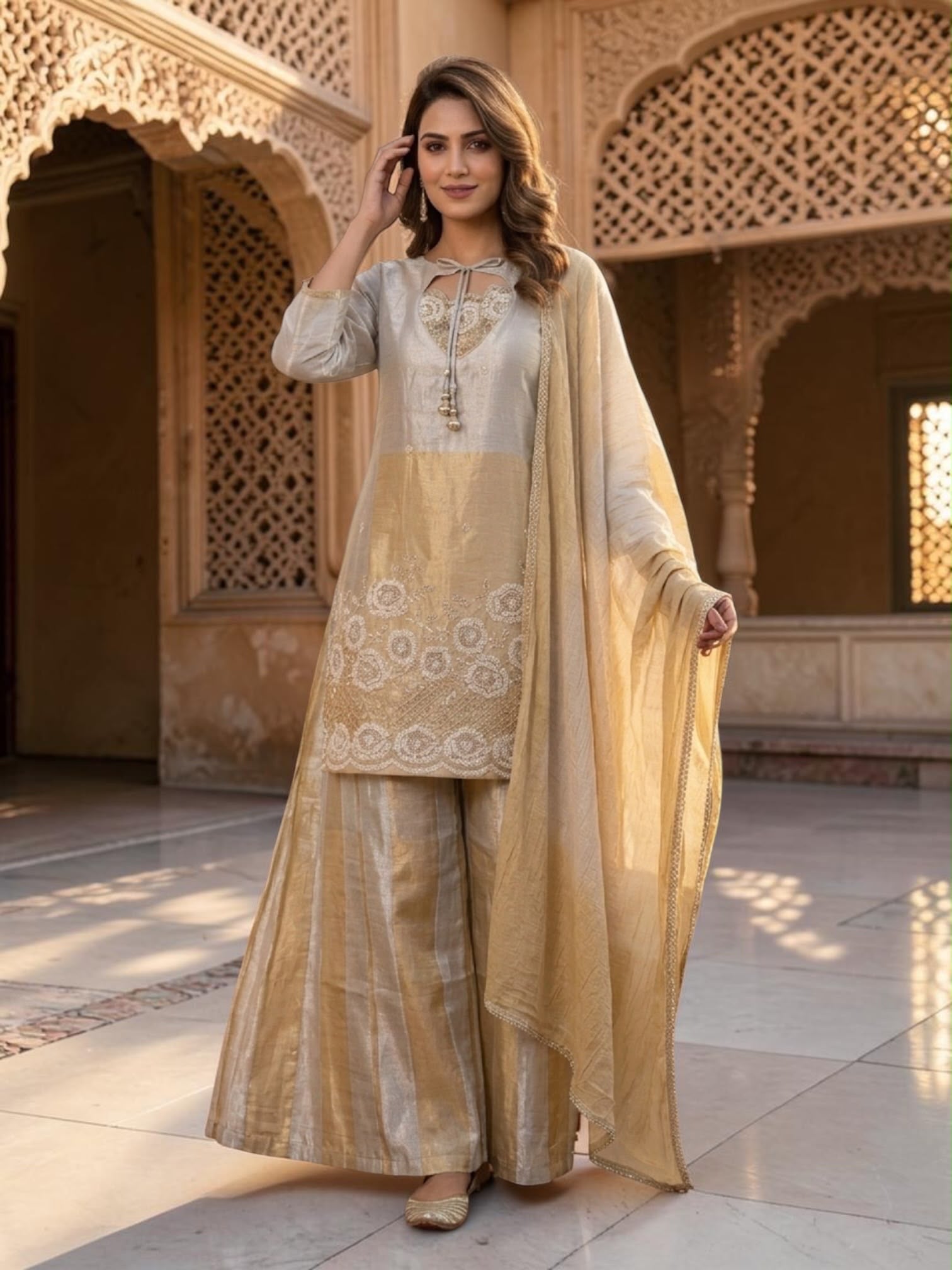 Gold plazzo set : tissue silk
