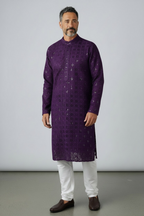 Sequin kurta pajama set for men : Wine color