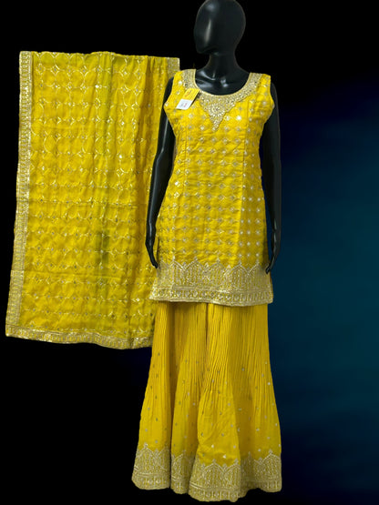 Yellow chiffon sharara suit