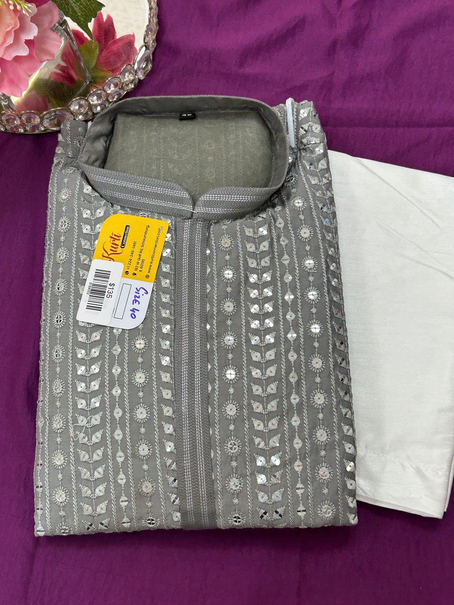 Sequin kurta set : light grey