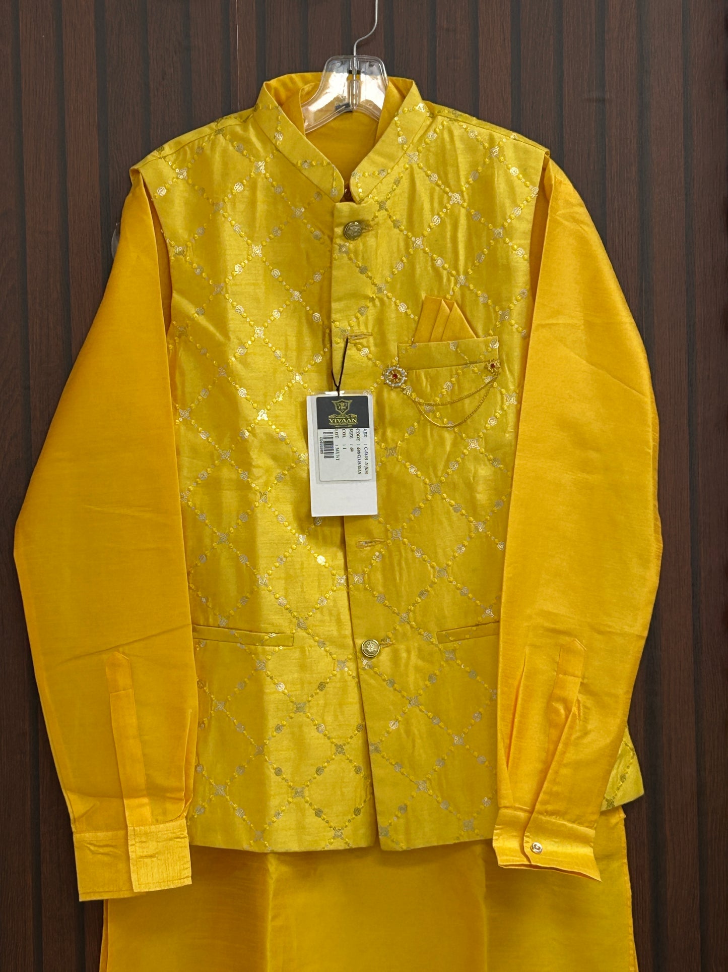 Yellow silk kurta set with jacket